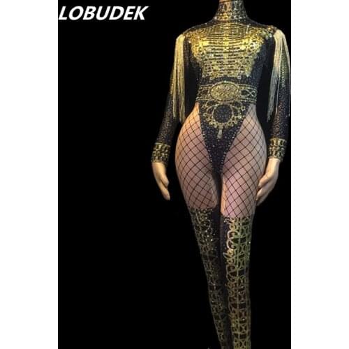 Gold Rhinestones Tassel Skinny Jumpsuit Crystals Female Leotard Women Dance Team Jazz Costume Bar DJ Singer Show Stage Wear