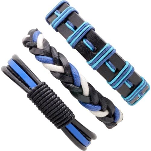 3pcs/set Hippie Punk Black Royal Navy Blue White Color for Sailor cord Braiding Knots Leather Layers Bracelets Set man