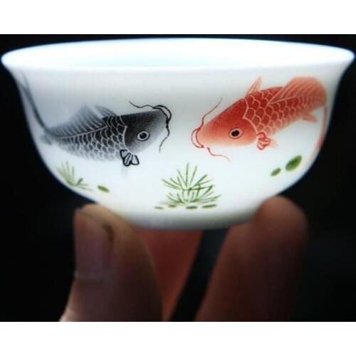 6pcs/set High White Glaze Auspicious Fish Porcelain Kungfu Tea Cup Master Single Cup Tea Bowl Kitchen Teaware 35ml
