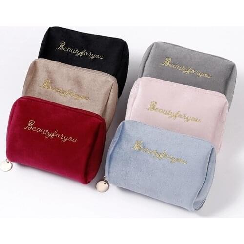 Solid Color Embroidery Velvet Cosmetic Bag Female Zipper Travel Make Up Bag Portable High-capacity Make Up Pouch Necessaries