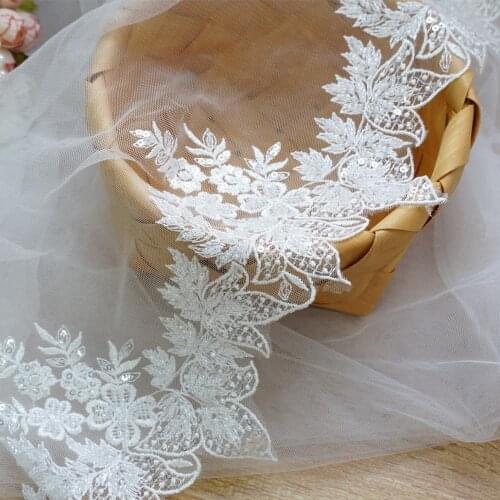 Ecru Handmade Beads Trims Floral Sequins Tulle Netting Trim for Jewelry Design, Dress Hem , Bridal Veil, DIY garment Accessories
