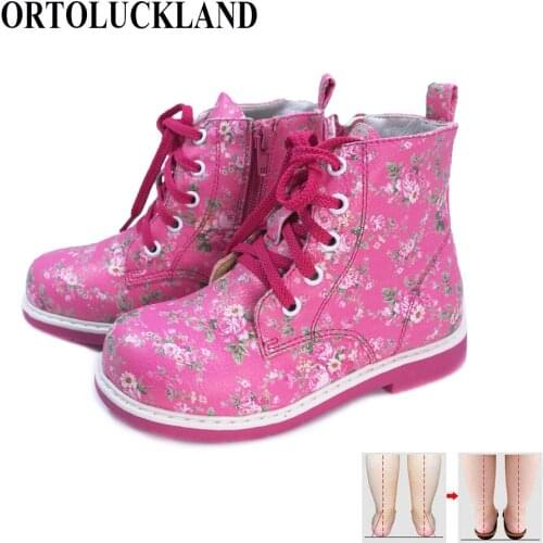 Girls Spring Autumn Boots Kids Orthopedic PU Leather Casual Shoes Children Fashion Lovely Printed Flower Design Lace-Up Footwear