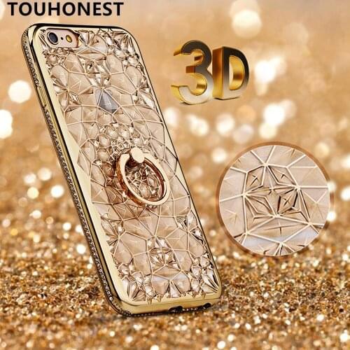 For iPhone X Luxury 3D Rugged Flower Glitter Diamond Phone Case For iphone 8 plus 7 plus 6S 6 plus 5 5S SE TPU Metal Ring Cover