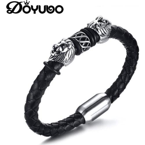 DOYUBO New Arrival Black Genuine Leather Bangle With Stainless Steel Double Lion Head Charms Party Bracelet Accessories DD090