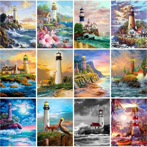 EverShine Diamond Embroidery Landscape Cross Stitch Diamodn Painting Seaside Lighthouse Picture Rhinestones Wall Decoration