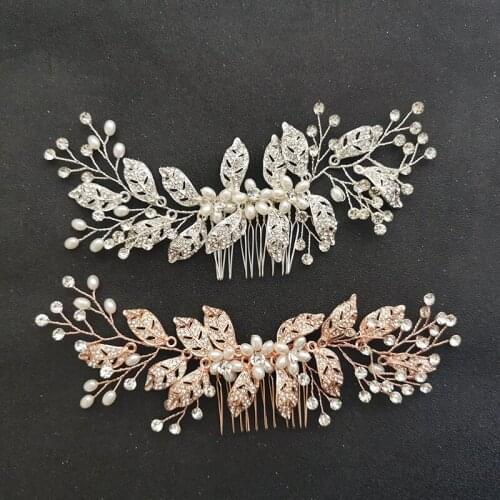 SLBRIDAL Handmade Alloy Crystal Rhinstones Flower Leaf Bridal Hair Comb Wedding Hair Accessories Women Bridesmaids Hair Jewelry