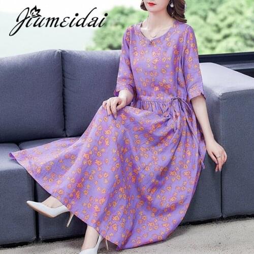 JiuMeiDai 2021 Women New Summer A-Line Dress Office Lady Elegant Floral Printed Long Dresses Female Fahion O-Neck Party Clothing