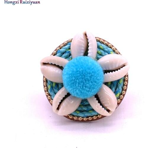Shell ring fashion bohemian rings for women handmade beach shell flowers exquisite ring charm hair ball leather ring jewelry