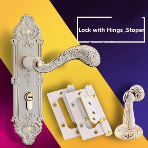 European fashion interior mechanical lock ivory white bedroom room solid wooden door handle lock with hinge stopper