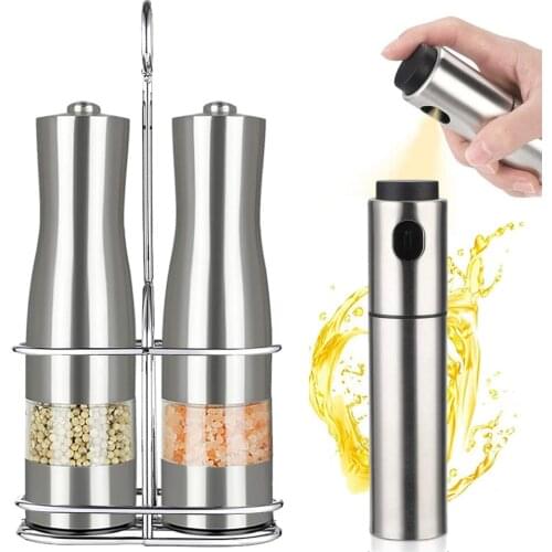 NEW Electric Pepper Mill,Stainless Steel Olive Oil Sprayer+Salt and Pepper Grinder Set,with Metal Stand,for Cooking Kitchen Tool