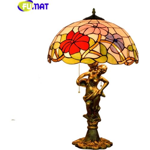 FUMAT European Style Flower Shade Table Lamp Home decor Art Stained glass Table Lights for Living Room Bedside LED Table Lamp