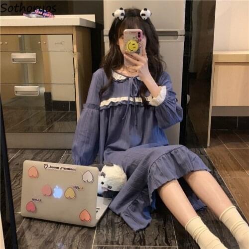 Nightgowns Women Princess Korean Style Ladies Long Sleeve Night Dress Casual Loose Sweet Patchwork Fashion Autumn Sleepwear Ins