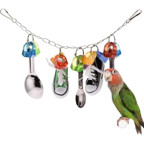 New Parrot Bite Toy Birds Funny Chewing Toy Sports Shoes And Metal Spoon String Design Sound Toy Bird Accessories 1pcs
