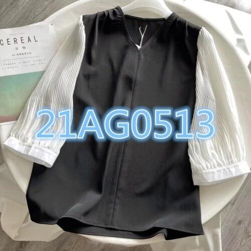 Spring and -------21ag0513 summer new womens V-neck color contrast chiffon shirt