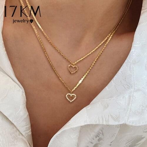 17KM Fashion Wedding Heart Pendant Necklace For Women Multilayered Gold Crystal Heart Necklaces Valentines Day Gifts Jewelry