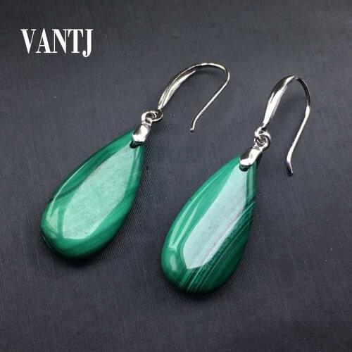 VANTJ Natural Malachite Earrings Sterling 925 Silver Water Drop 12*24mm Crystal Fine Jewelry For Woman Lady Man Party Gift