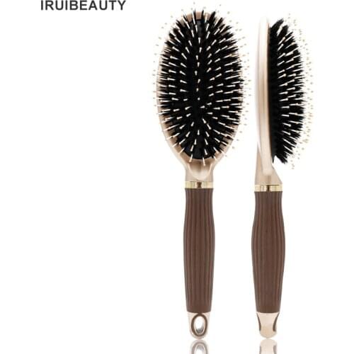 Natural Wild Boar Bristle Massage Comb Anti-static Hair Scalp Paddle Brush Beech Aluminium Handle Hair Brush Styling Tool