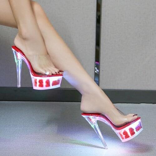 Slippers Women Catwalk Sexy Super High Heels Luminous Stiletto Platform Sandals Transparent Model Crystal Wedding Shoes Women