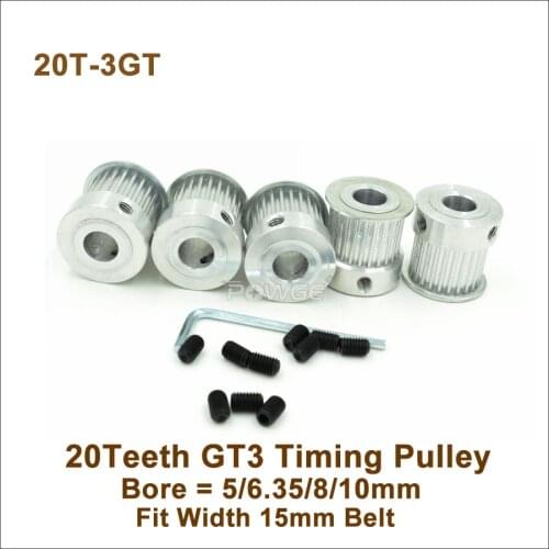 POWGE 20 Teeth 3GT Synchronous Pulley Bore 5/6.35/8/10mm Fit W=15mm 3GT Synchronous Belt 20T 20Teeth GT3 Timing Pulley BF