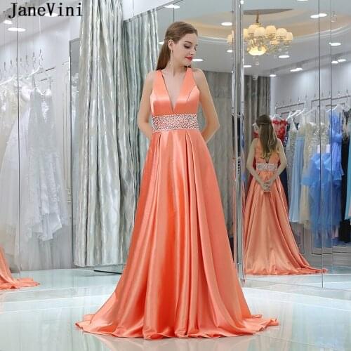 JaneVini 2018 Sexy Deep V Neck Long Bridesmaid Dresses Sweep Train Satin A Line Prom Gowns with Beads Backless Formal Party Wear