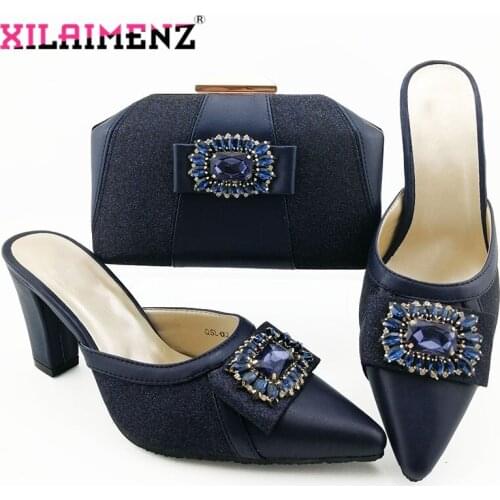 Dark Blue Autumn Fashion Ladies Slipper And Matching Bag Set Italy Style High Heel 9CM Shoes And Bag Set For Party Large Size 38
