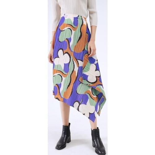Miyake pleated skirt 2021 autumn new womens skirts unique flower print skirts asymmetrical plus size skirt streetwear women