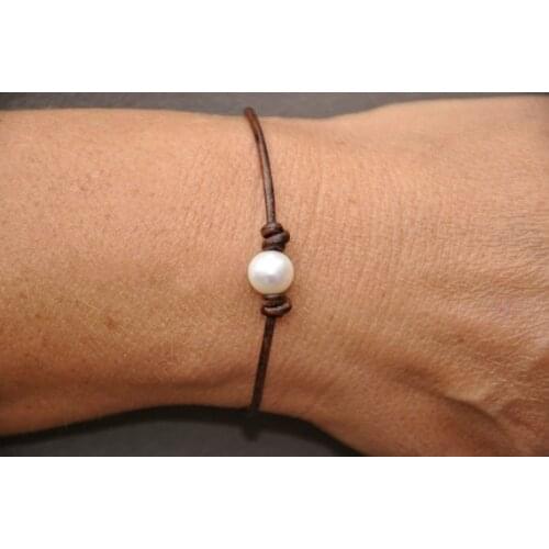 Pearl and Leather One Pearl Bracelet