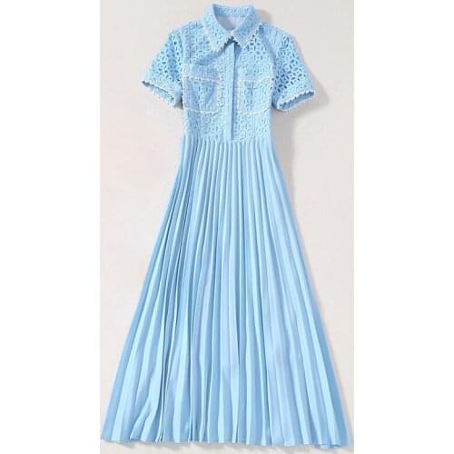 New HIGH QUALITY 2021 Fashion Runway Womens Short Sleeve Shirt Collar Blue Hollow Out Guipure Lace Patchwork Pleated Blue Dress