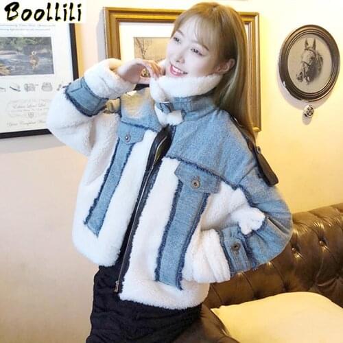 Boollili Winter Coat Women Clothes 2020 Sheep Shearing Real Fur Coat 100% Wool Jacket Women Korean Spliced Denim Fur Tops