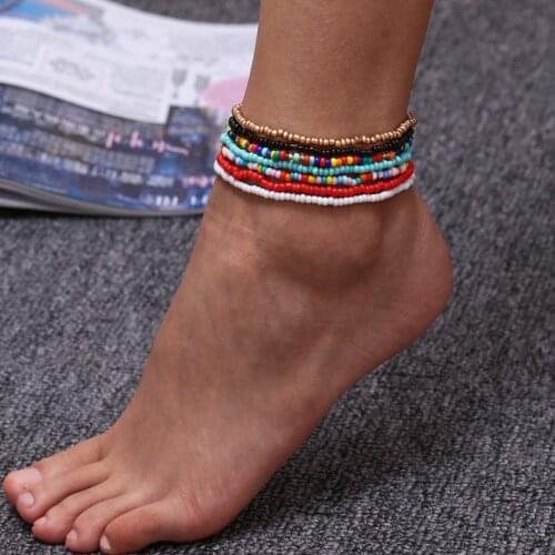 ZOSHI 7pcs/Set New Handmade Beaded Anklet Bracelets Rainbow Color Elastic Ankle Bracelet On The Leg Foot Beach Jewelry