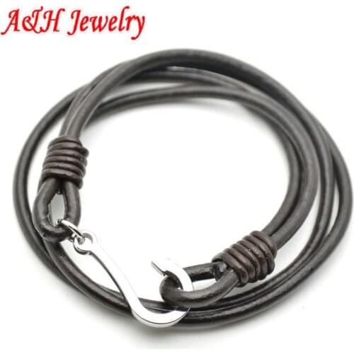 10pcs High Quality Black Genuine Leather 316L Stainless Steel Hook Multi-layer Bracelet 14.5'' For Women Jewelry