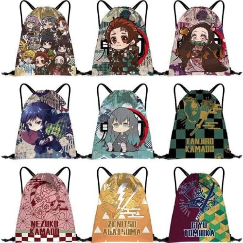 Anime Demon Slayer Drawstring Bag Kamado Tanjirou Nezuko Agatsuma Zenitsu Backpack Light Shopping Bag
