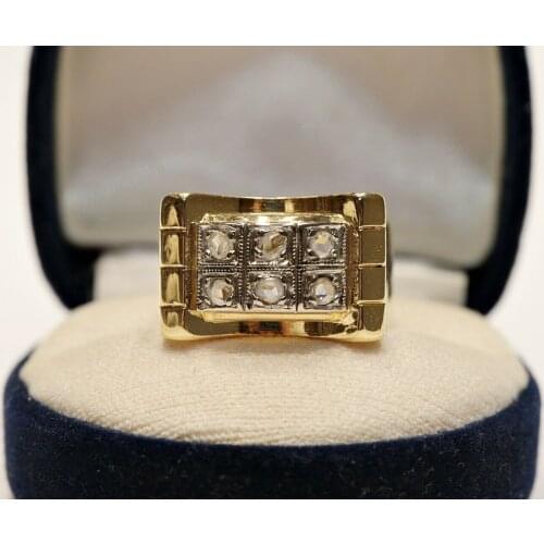 ANTIQUE VICTORIAN 18K GOLD NATURAL ROSE CUT DIAMOND DECORATED KNIGHT STYLE RING