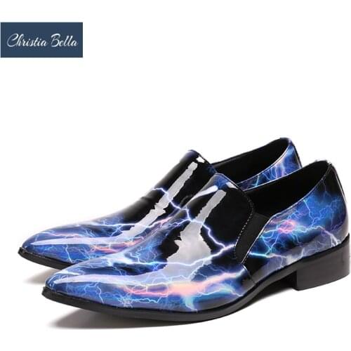 Christia Bella Fashion Lightning Pattern Patent Leather Men Dress Shoes Pointed Toe Nightclub Leather Shoes Party Formal Shoes