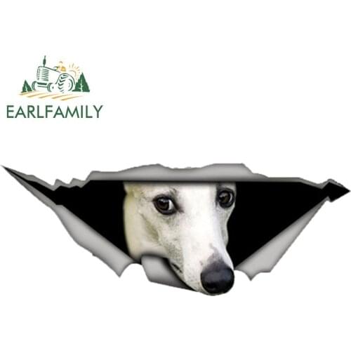 EARLFAMILY 13cm x 4.9cm White Whippet Car Sticker Torn Metal Decal Reflective Stickers Waterproof 3D Car Styling Pet Dog Decals