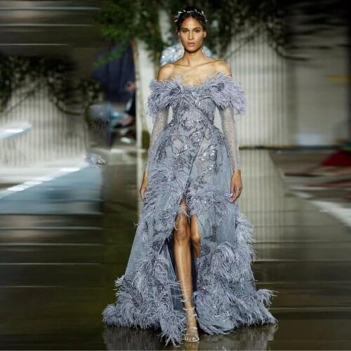 Elegant Muslim Evening Dresses Mermaid Long Sleeves Appliques Beaded Feather Slit Dubai Saudi Arabic Long Evening Gown Prom