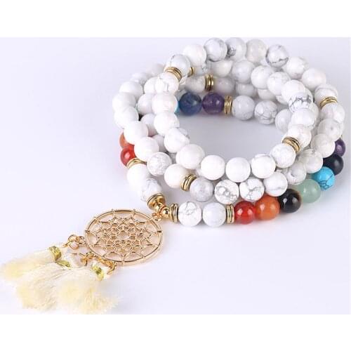 Hot Sale 1pc Gold Plated Dream Catcher Bracelet 108 Rosary Beads Hand String Natural Crystal Stone Seven Chakra Yoga Bracelet