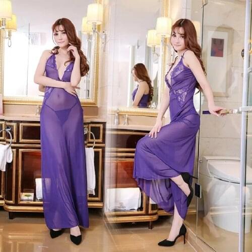 Hot Selling Long Nightdress For Women Sexy Low Bra Lace Nightwear Gauze See through Sleepwear Suspender Nightgown