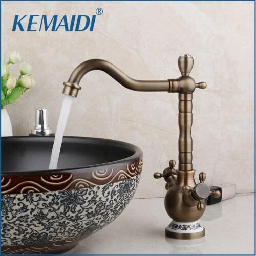 KEMAIDI Bathroom Antique Brass Faucets Swivel Spout Deck Mounted Double Handle Sink Mixer Bathroom Faucet Mixer Tap