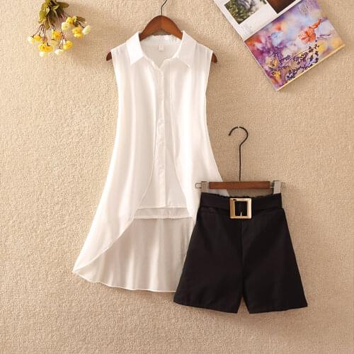 Two Piece Chiffon Women Shorts Sets 2020 Summer New White Sleeved Loose Shirts And Black Shorts Office Lady Elegant Shorts Sets