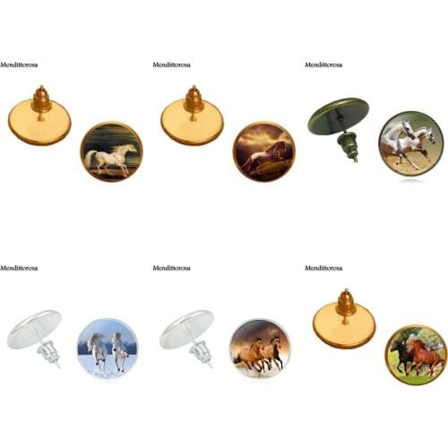Mendittorosa New Arrival Glass Statement Women Round Bronze/Silver/Golden Clip Ear Hook Stud Earrings Horse