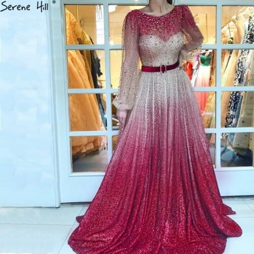 Muslim Long Sleeve Arabic Kaftan Dubai Red Gliter Formal Evening Prom Party Gown Dress Abiye Gowns Dresses Elegant 2020 BLA6515