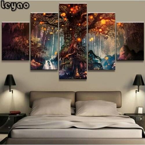 5 Panel Diy full drill square/round Diamond painting Magic tree scenery diamond Embroidery sale Cross-Stitch Wall Sticker Decor