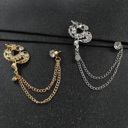 Retro Double Chain Tassel Crystal Brooch Chinese Dragon Zodiac Pin British Style Creative Wedding Suit Collar Pin Accessories