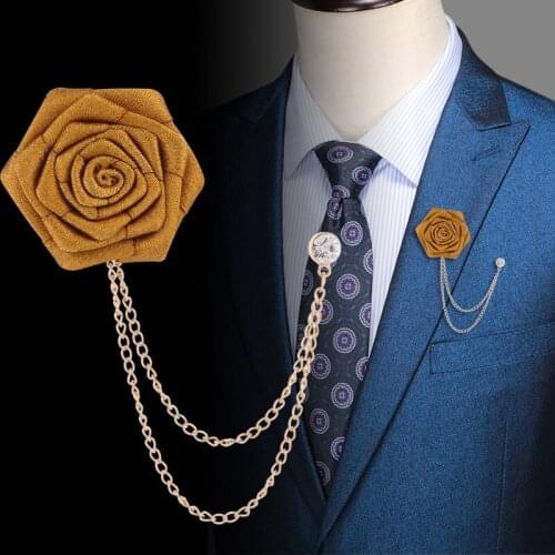 Luxury Fabric Rose Flower Brooch Pins Crystal Tassel Chain Badge Suit Corsage Party Wedding Fashion Jewelry for Men Accessories