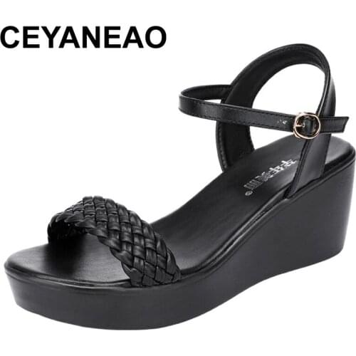CEYANEAOWedges Heel Middle Heel Sandals Womens 2021 New Fashion Open Toe Black White Sandals Women Summer Shoes
