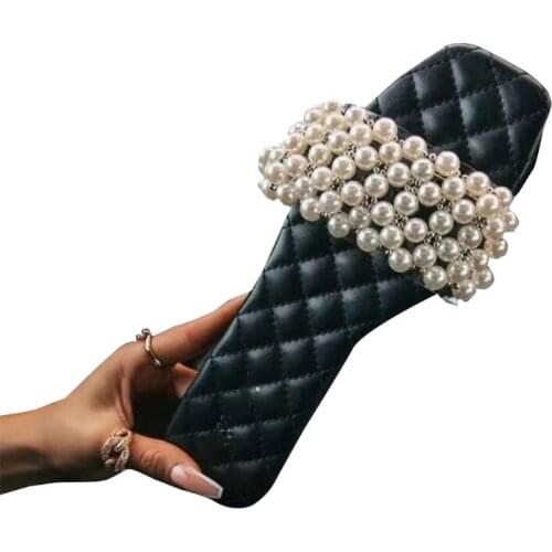 Women Square Open Top Faux Leather Slippers Imitation Pearls Beading Strap Flat Slide Shoes Casual Beach Slip-On Sandals H9ED