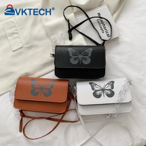 Vintage Women PU Leather Butterfly Printing Crossbody Shoulder Messenger Bag Casual Ladies Acrylic Chain Mini Handbag Flap Purse