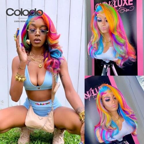 Yellow Rainbow Lace Front Human Hair Wigs with Baby Hair Pre Plucked Side Part Transparent Lace Wigs For Women COLODO