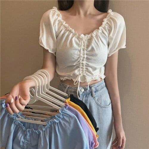 Woman TShirts Drawstring T-shirt Female Summer Puff Sleeve White Knitted Short-Sleeved Shirt Crop Top Mujer Camisetas